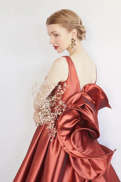 11枚目 テラコッタ　サテン　Aラインドレス