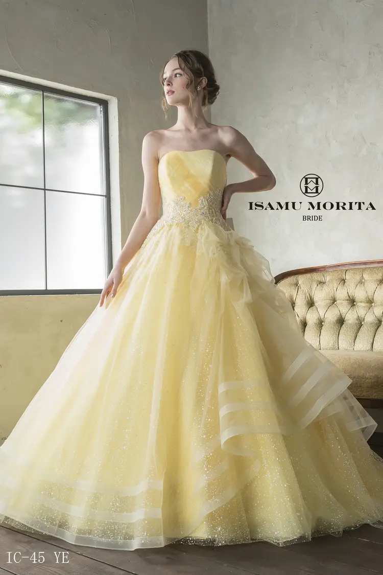 結婚式 カラードレス 新婦 イエロー 黄色 ゴールド 系 パニエ ウエディング カラードレス 編み上げ イエロー ゴールド 金 ロングドレス 結婚