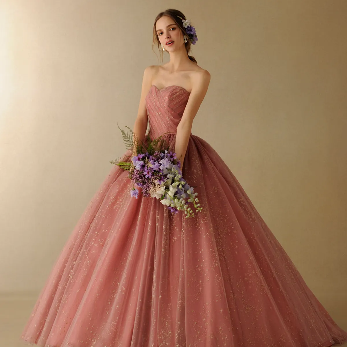 [新品タグ付]ANDRÉSD アンドレスド　ピンクジャガードドレス セール】バブルスリーブジャガードドレス / bubble sleeve jacquard