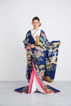 紺地四季草花文