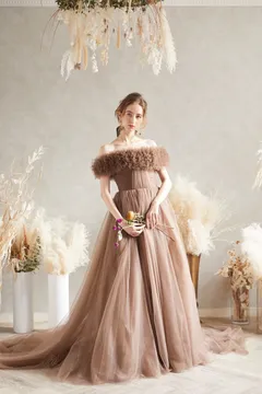 ブラウン2way チュールフリルオフショルダードレス　9号