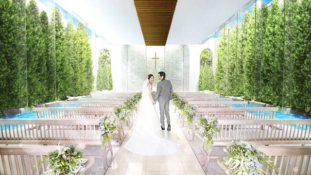 緑×水×光の教会☆滝も流れる水上アクアチャペル