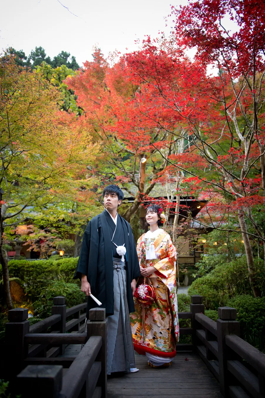 和装 ロケーション 色打掛 黒紋付袴 紅葉 庭園