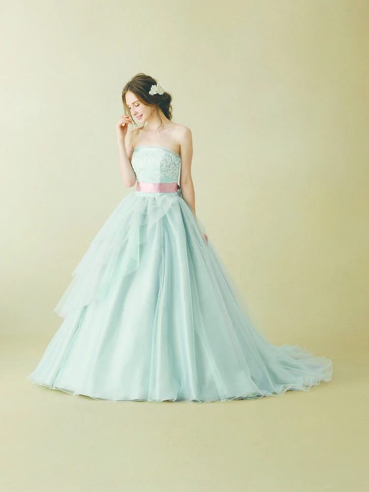 ミントグレー　フリル付きウェディングドレス カラードレス ロングドレス プリンセスドレス グレー フリル 結婚式