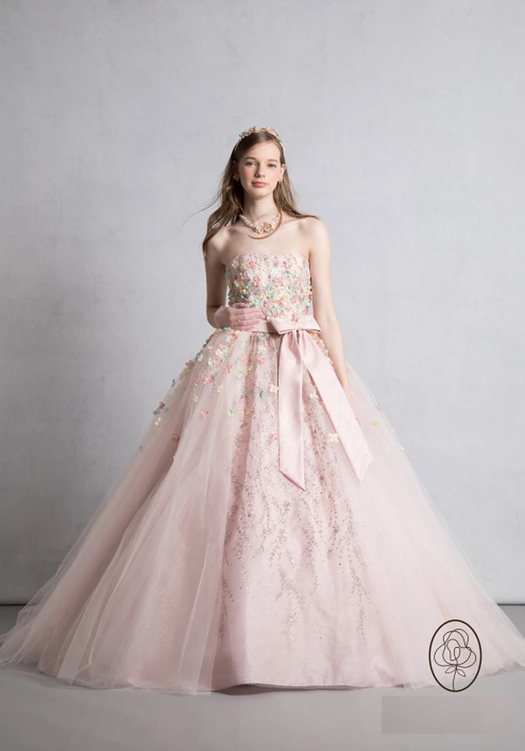 MARY D`ALOIA 刺繍ドレス パープルピンクフラワー 結婚式 イタリア製 MAR0091 Pink｜MARIAROSA(マリアローザ)のウェディングドレス