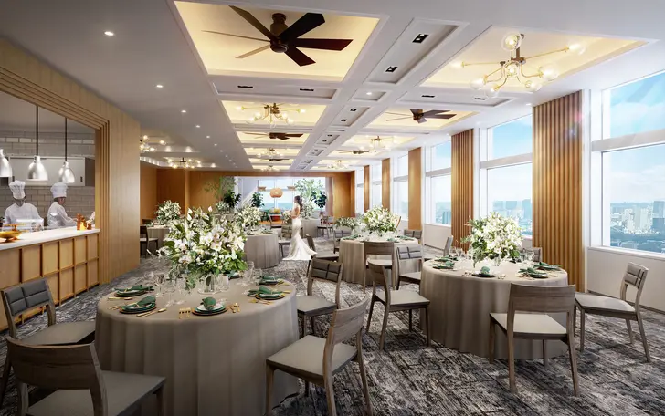 オープンキッチンから最高のお料理を最高のタイミングで提供。リビングスペースもあり自由度が高い会場。