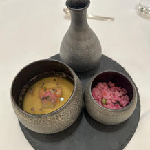 蟹のせ茶碗蒸しのスープ・しば漬けピラフ